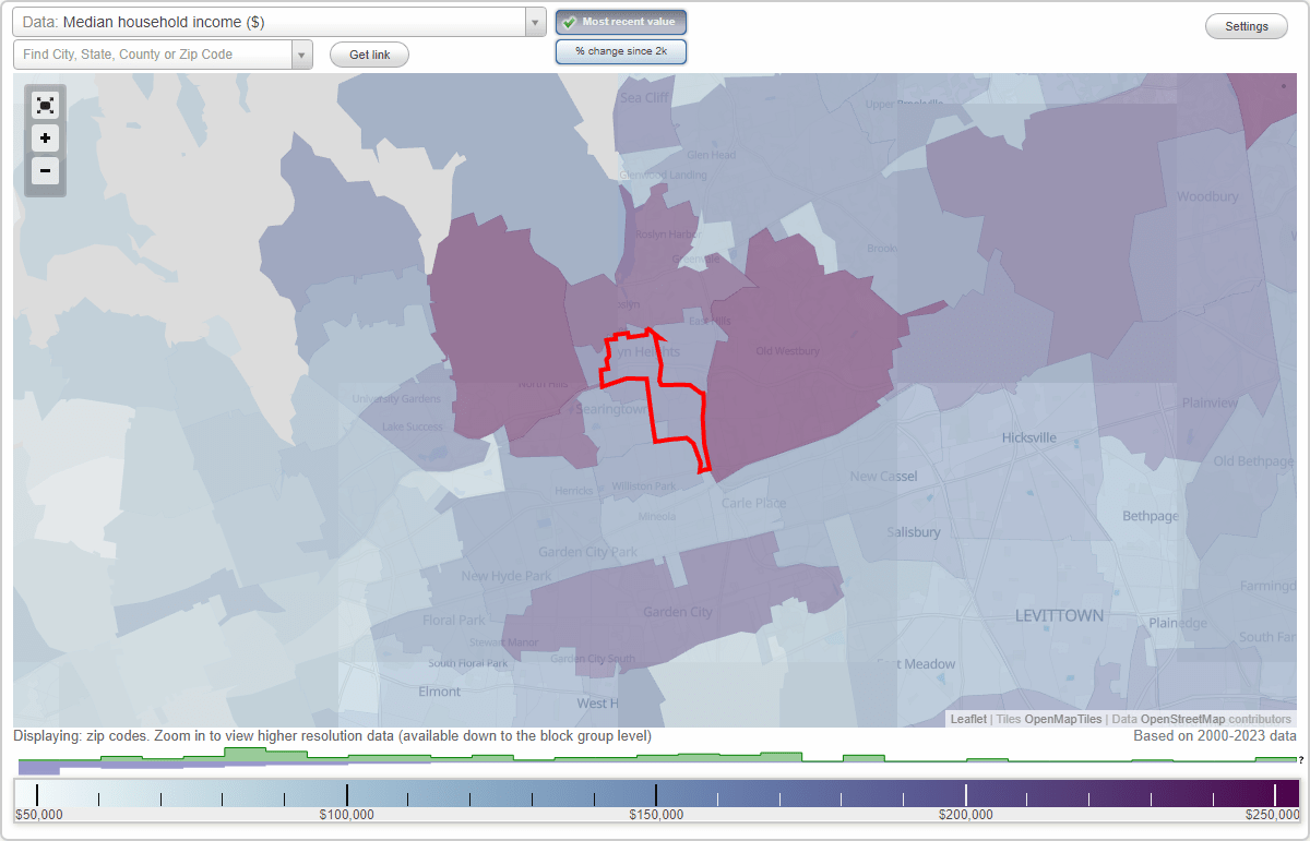 Roslyn Heights, New York (NY) map, earnings map, and wages data