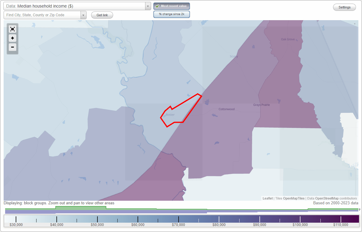 Rosser, Texas (TX) map, earnings map, and wages data
