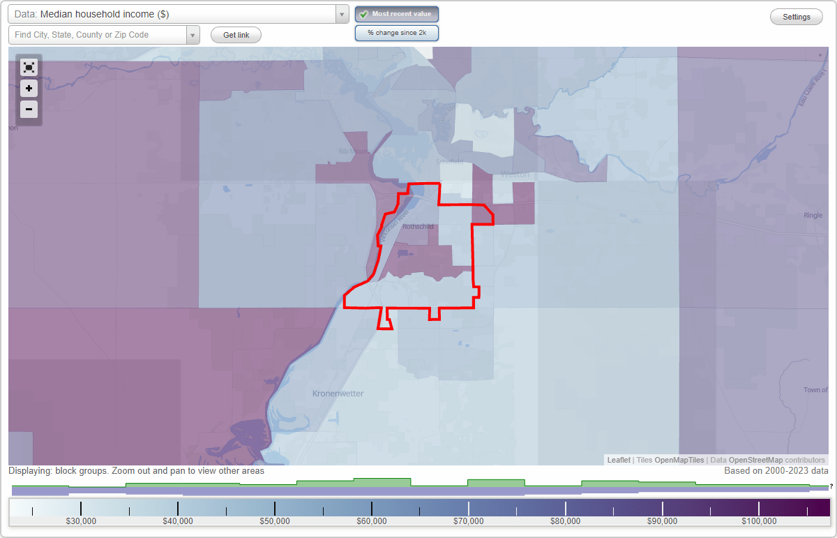 Rothschild, Wisconsin (WI) map, earnings map, and wages data