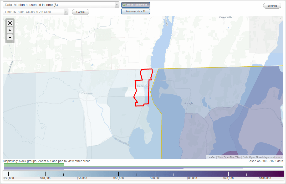 Rouses Point, New York (NY) map, earnings map, and wages data