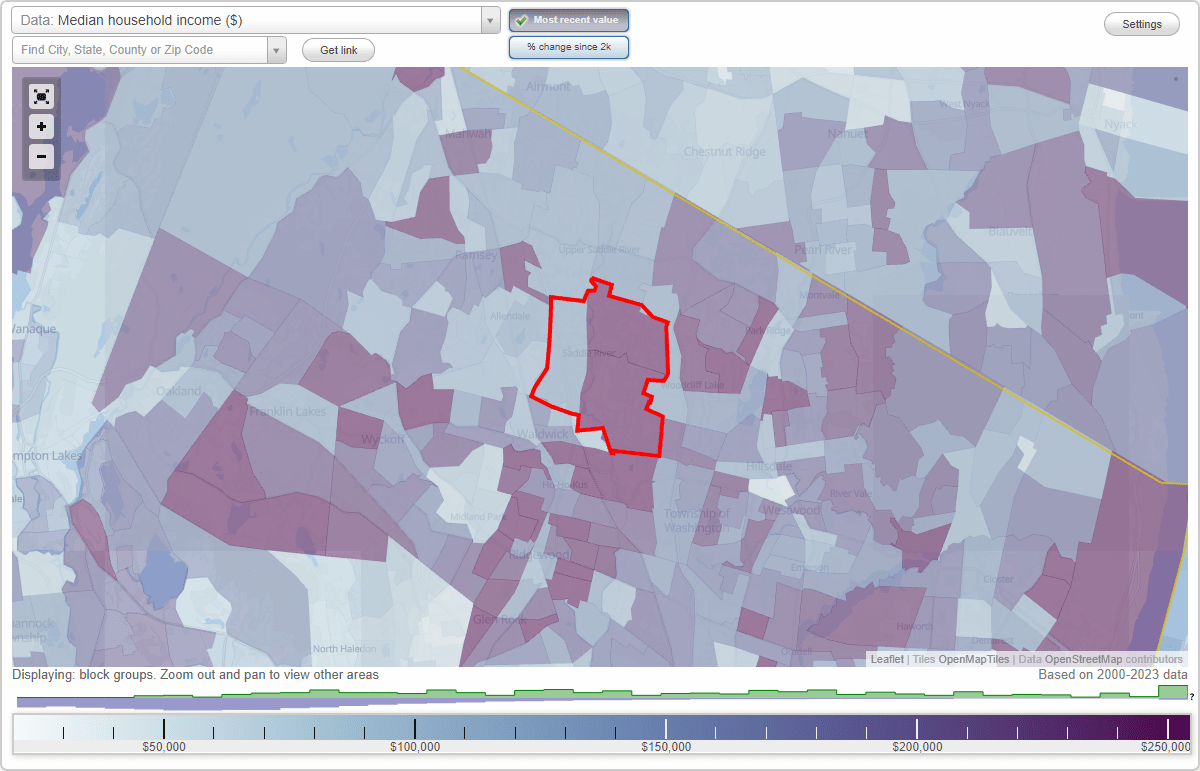 Saddle River, New Jersey (NJ) map, earnings map, and wages data
