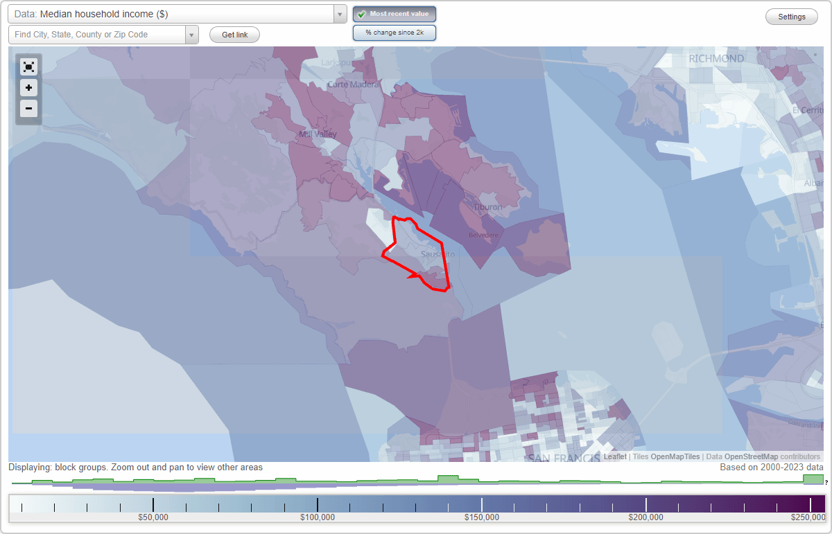 Sausalito, California (CA) map, earnings map, and wages data