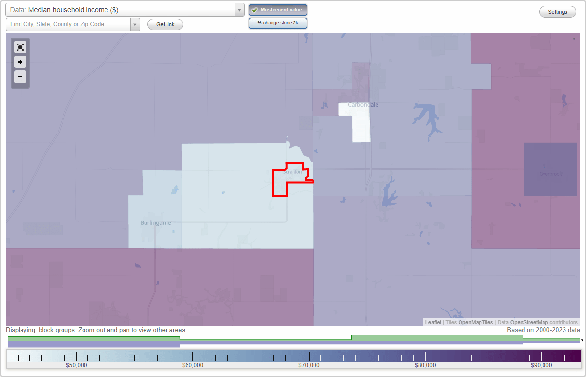 Scranton, Kansas (KS) map, earnings map, and wages data