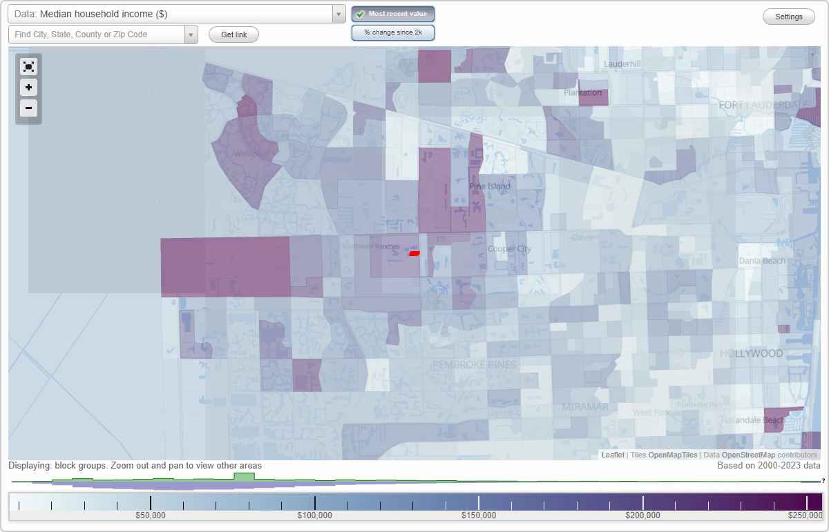 Southwest Ranches, Florida (FL) map, earnings map, and wages data