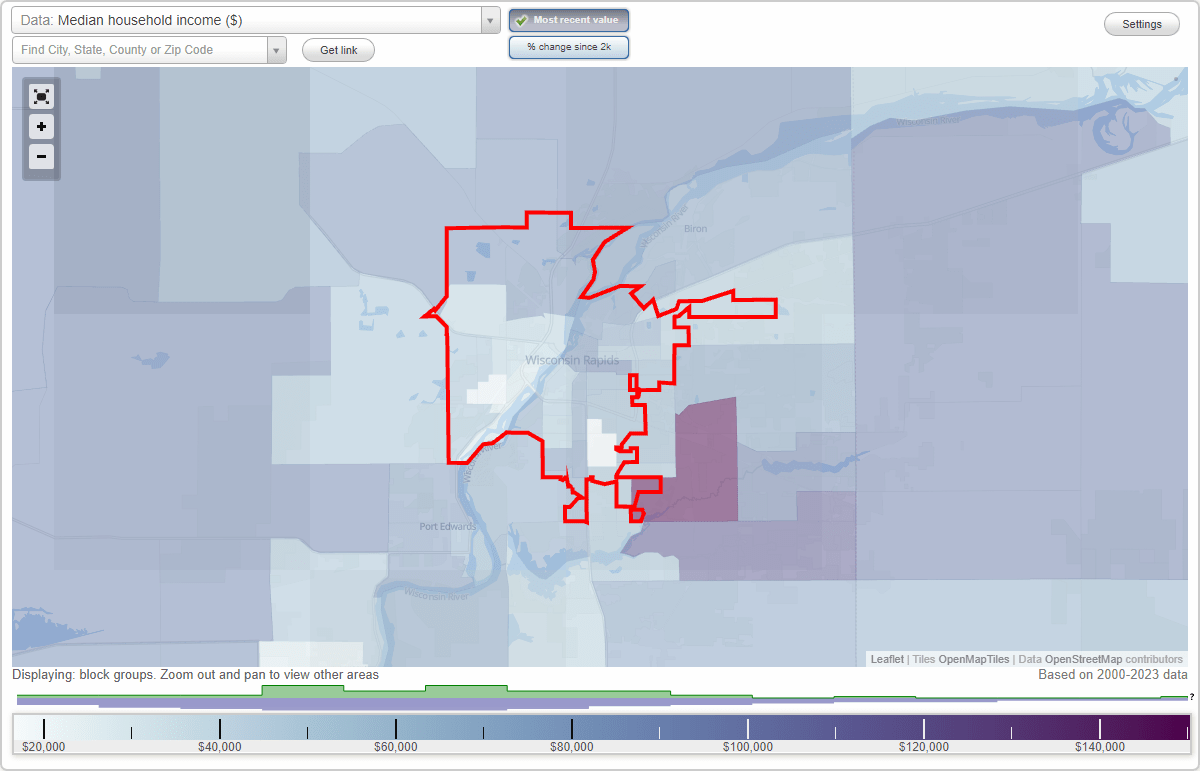 Wisconsin Rapids, Wisconsin (WI) map, earnings map, and wages data