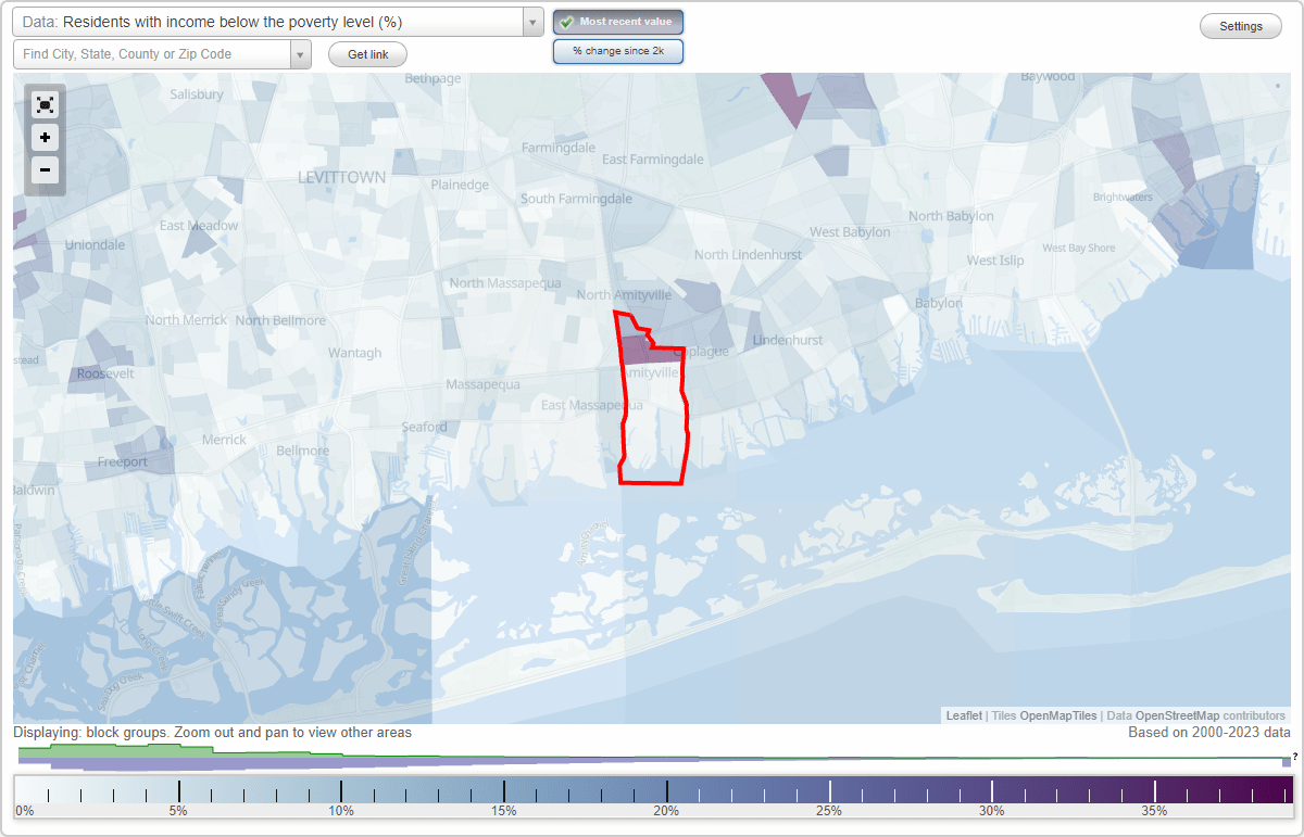 Amityville, New York (NY) poverty rate data information about poor