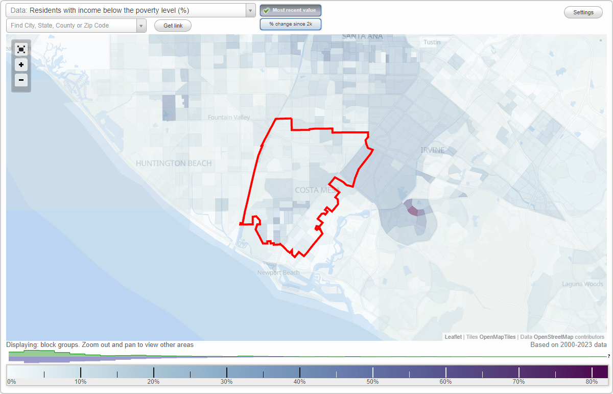 Costa Mesa, California (CA) poverty rate data information about poor