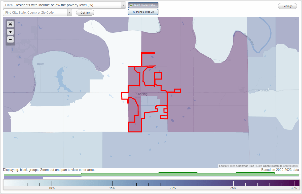 Cushing, Oklahoma (OK) poverty rate data information about poor and residents