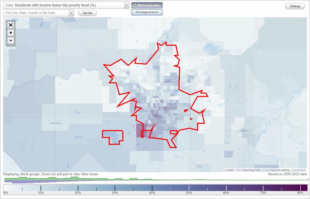 Fresno, California (CA) poverty rate data information about poor and