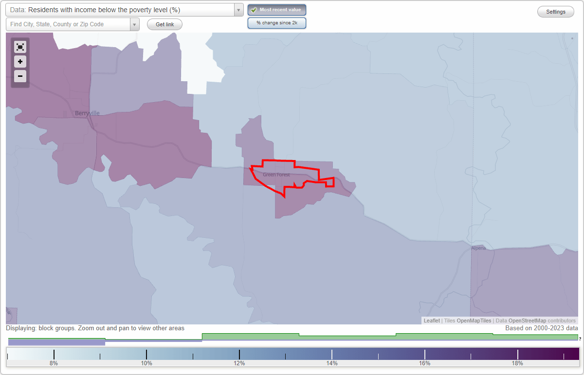 Green Forest, Arkansas (AR) poverty rate data information about poor