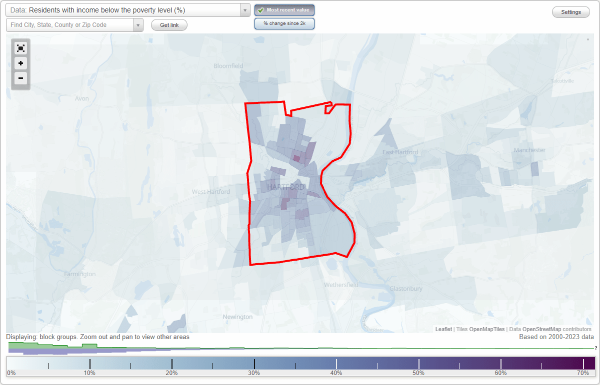 Hartford, Connecticut (CT) poverty rate data information about poor