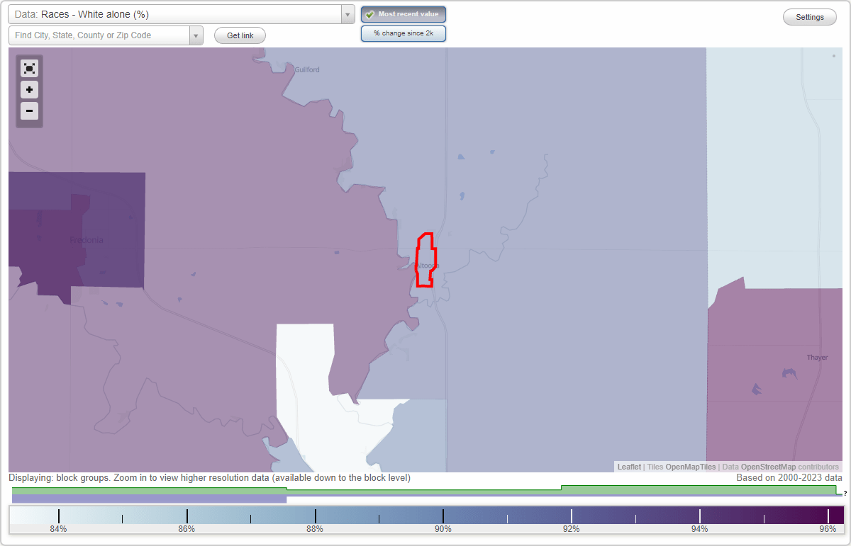 Races in Altoona, Kansas (KS) White, Black, Hispanic, Asian. Ancestries, Foreignborn residents