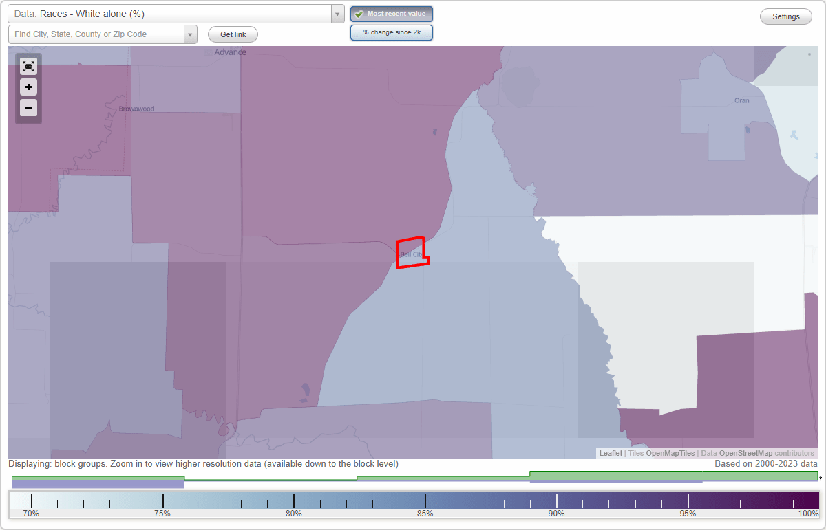 Races in Bell City, Missouri (MO) White, Black, Hispanic, Asian