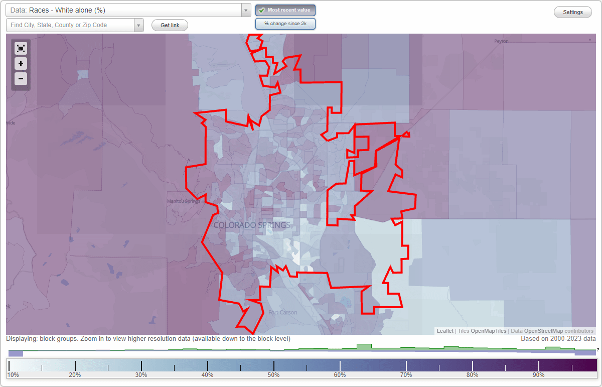 Races in Colorado Springs, Colorado (CO) White, Black, Hispanic, Asian. Ancestries, Foreign