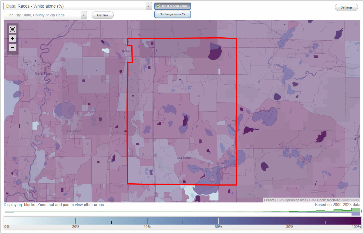 Races in East Bethel, Minnesota (MN) White, Black, Hispanic, Asian. Ancestries, Foreignborn
