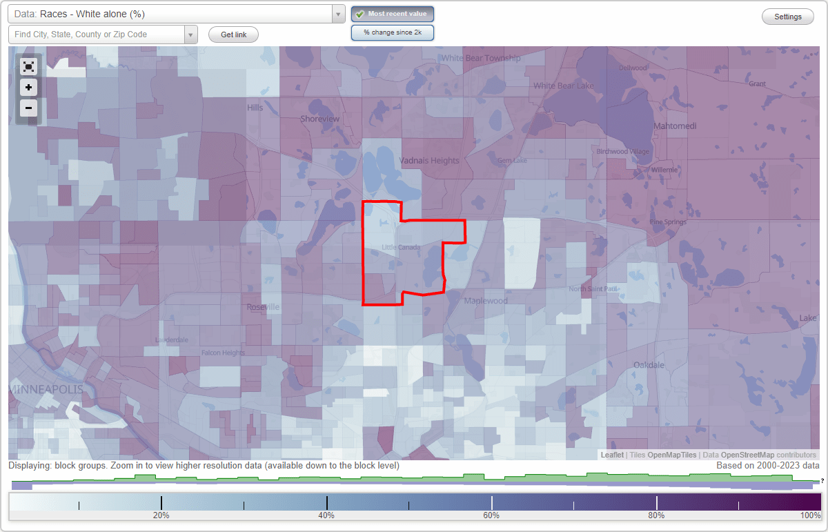 Races in Little Canada, Minnesota (MN) White, Black, Hispanic, Asian. Ancestries, Foreignborn