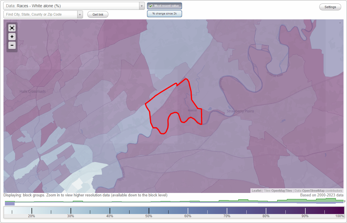 Races in Mascot, Tennessee (TN) White, Black, Hispanic, Asian. Ancestries, Foreignborn