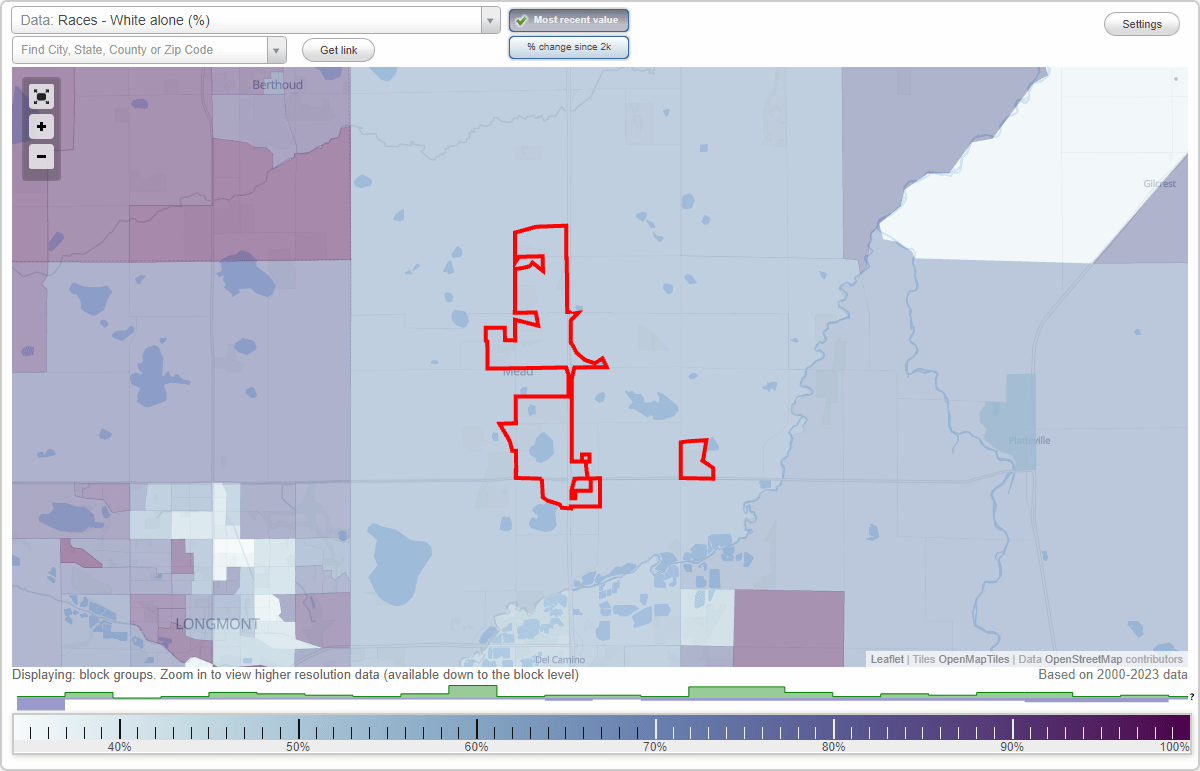 Races in Mead, Colorado (CO) White, Black, Hispanic, Asian. Ancestries