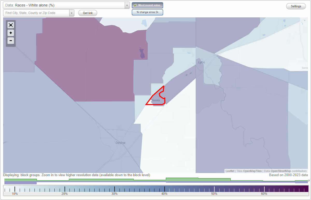 Races in Natalia, Texas (TX) White, Black, Hispanic, Asian. Ancestries
