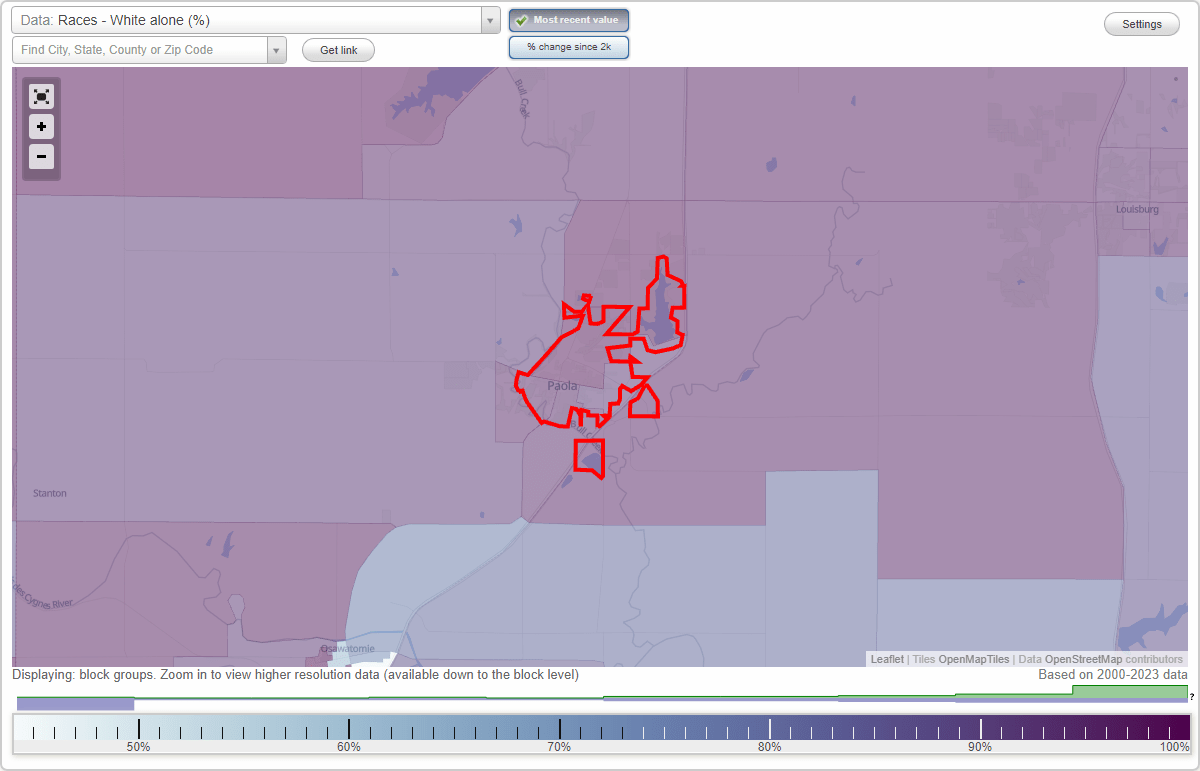 Races in Paola, Kansas (KS) White, Black, Hispanic, Asian. Ancestries, Foreignborn residents