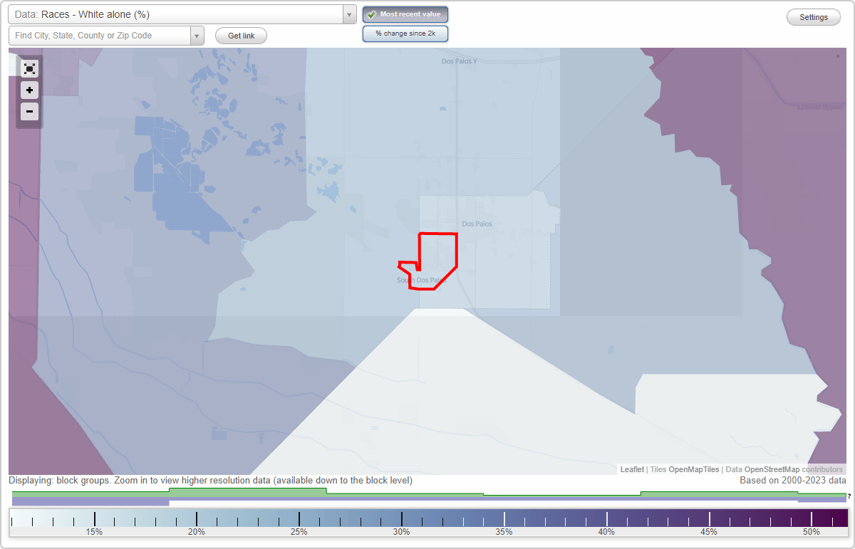 Races in South Dos Palos, California (CA) White, Black, Hispanic, Asian. Ancestries, Foreign