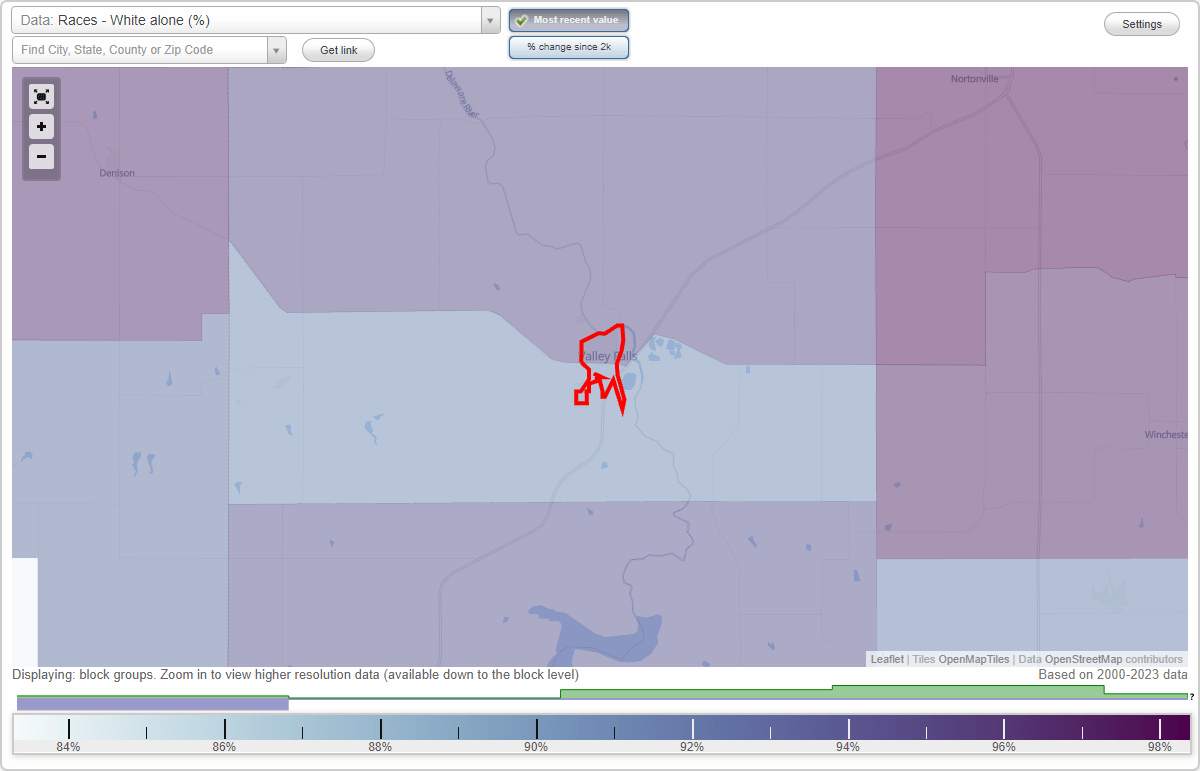 Races in Valley Falls, Kansas (KS) White, Black, Hispanic, Asian. Ancestries, Foreignborn