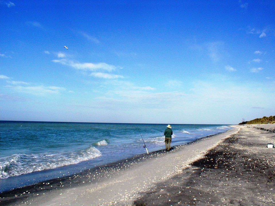 South Venice, FL View of South Venice Beach with Lone Fisherman in