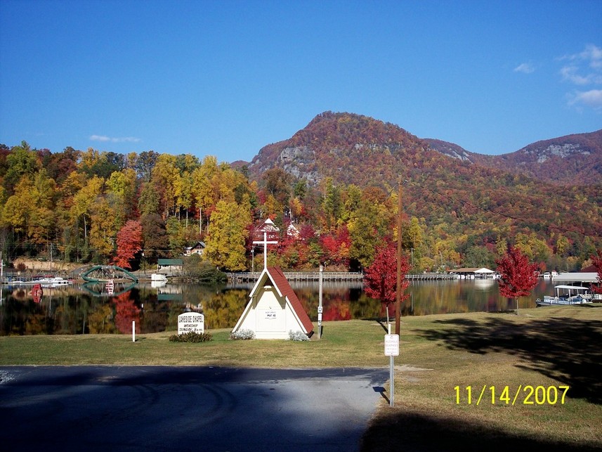 Lake Lure, NC view of a small church near the beach at Lake Lure