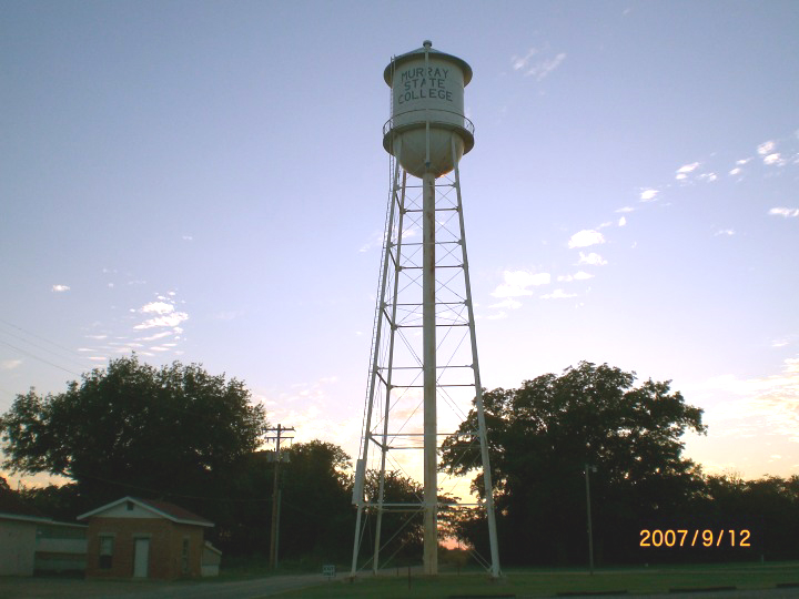 Tishomingo, OK Murray State College Water Tower at Dusk photo