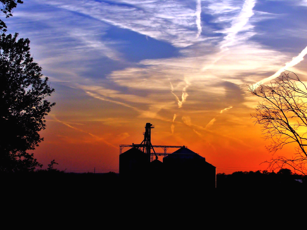 Darien, WI Grain bins at sunset off Hwy X photo, picture, image