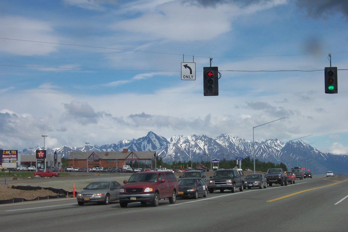 Palmer, AK Traffic Light in Palmer with the Mountains in the Distance