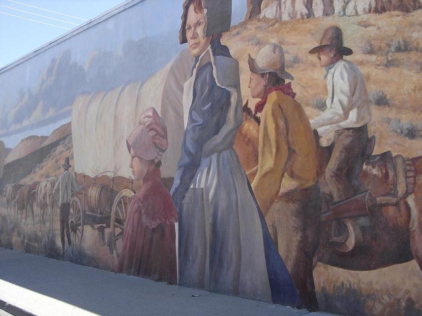 Pioneer Murals of life on the Oregon trail are painted on sides of