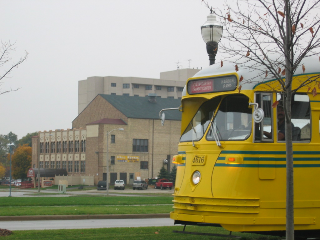 Kenosha, WI Electric Trolley on its rail, the background is the Chops