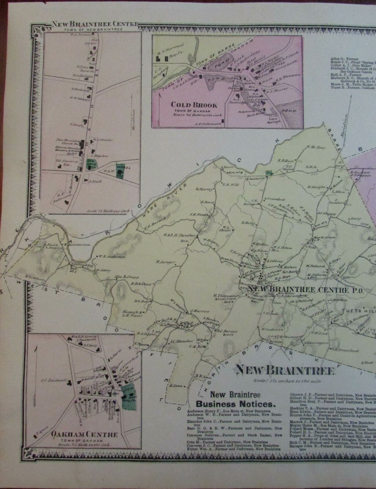 Oakham Centre New Braintree 1870 Worcester Co. Mass. detailed map