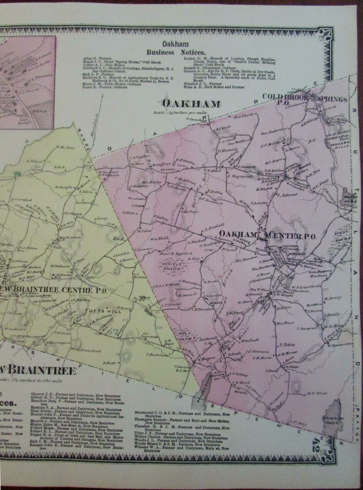 Oakham Centre New Braintree 1870 Worcester Co. Mass. detailed map