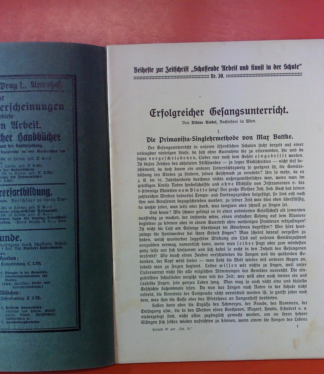 Beihefte Zur Zeitschrift Schaffende Arbeit U Kunst In Der Schule Nr 30 Erfolgreicher Gesangs Unterricht By Von Viktor Riedel Very Good 1920 Biblion2