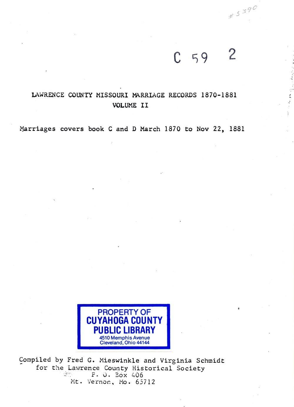 Lawrence County Missouri Marriage Records 18701881 Volume II by