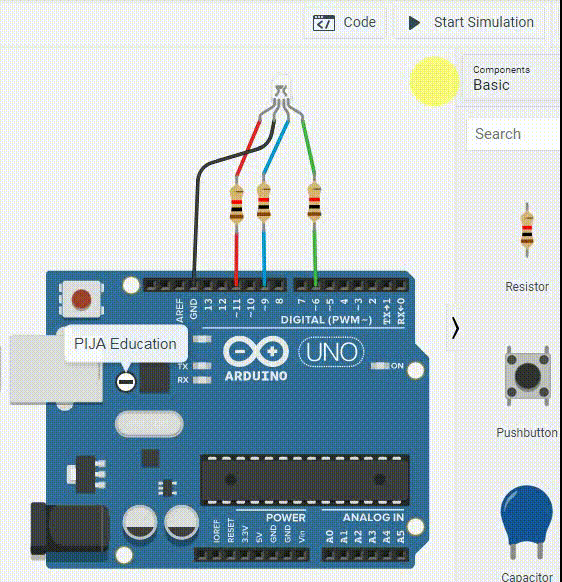 Code blocks for RGB LED interfacing with Arduino in Tinkercad