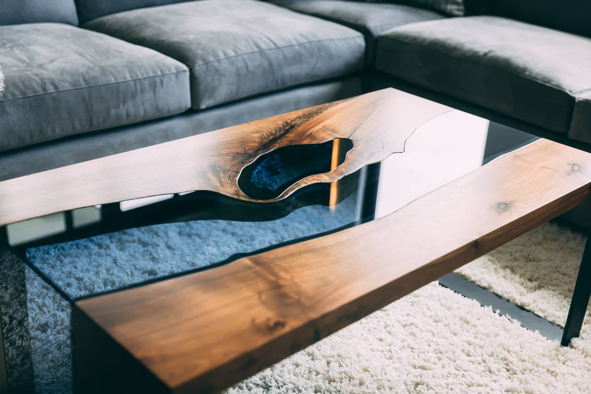 Blue Glass and Walnut Live Edge River Table Fort Collins