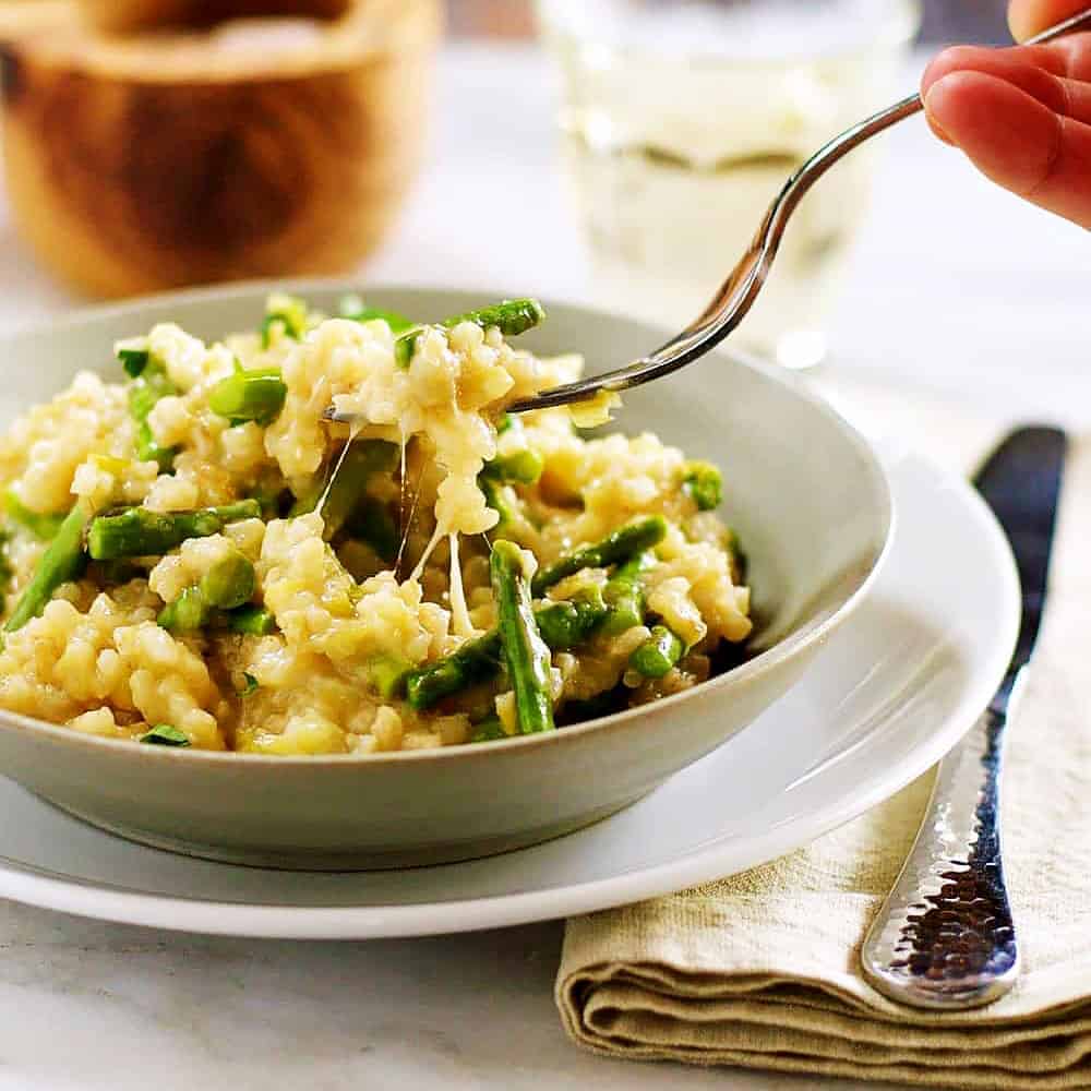 Cheesy Brown Rice Risotto with Leeks and Asparagus Pinch and Swirl