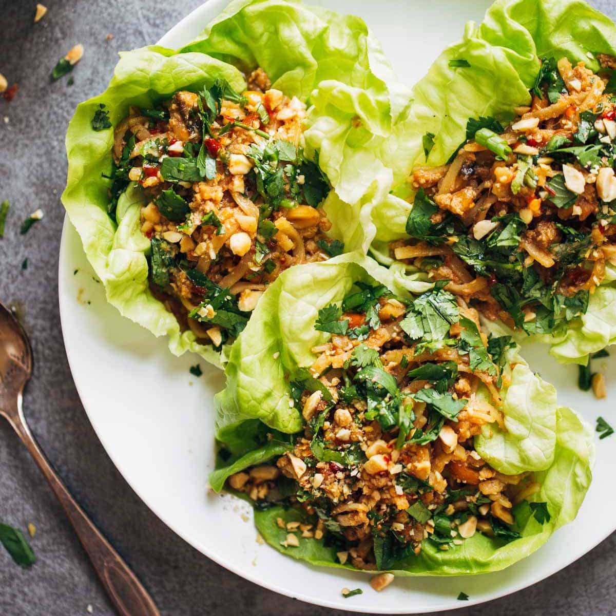 Peanut Chicken Lettuce Wraps with Ginger Garlic Sauce Recipe Pinch of Yum