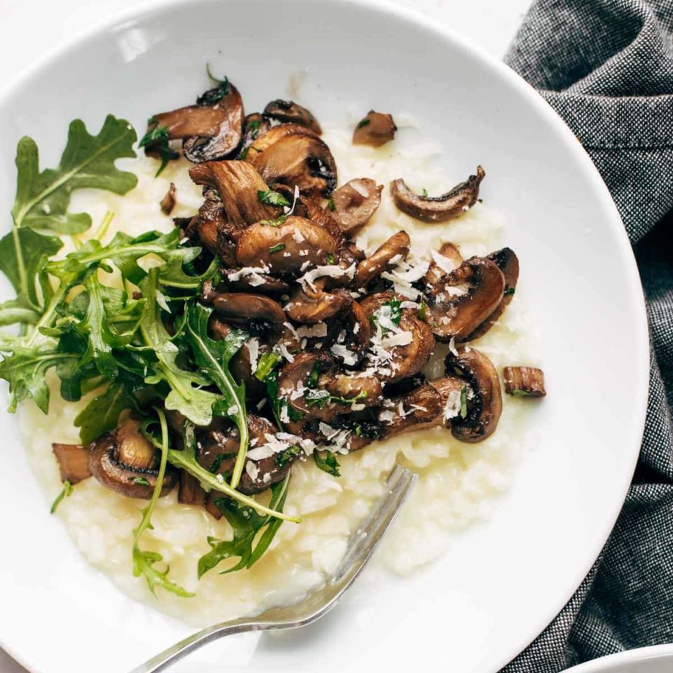 Oven Risotto with Garlic Roasted Mushrooms and Arugula Recipe Pinch