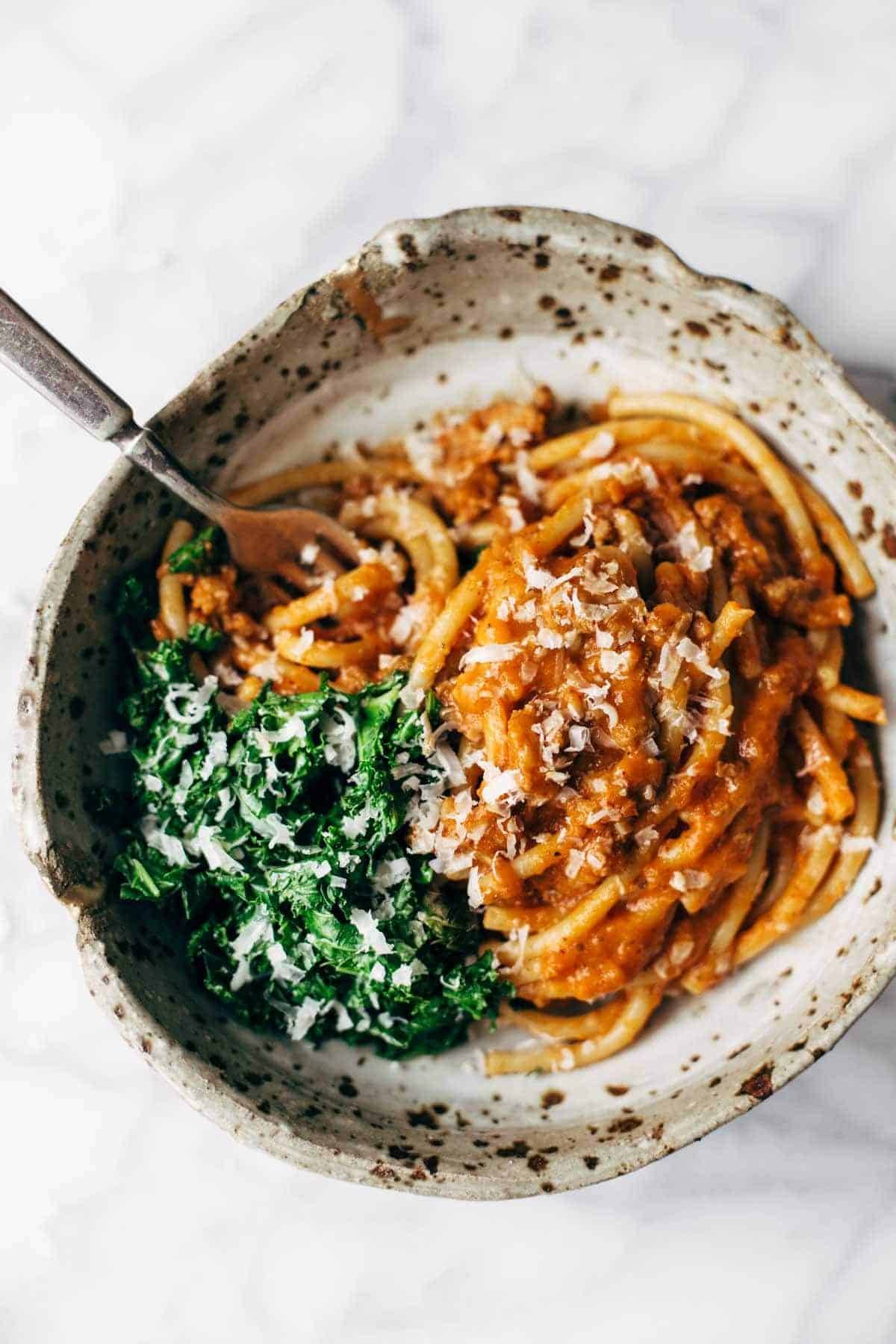 Creamy Pumpkin Spaghetti with Garlic Kale Recipe Pinch of Yum