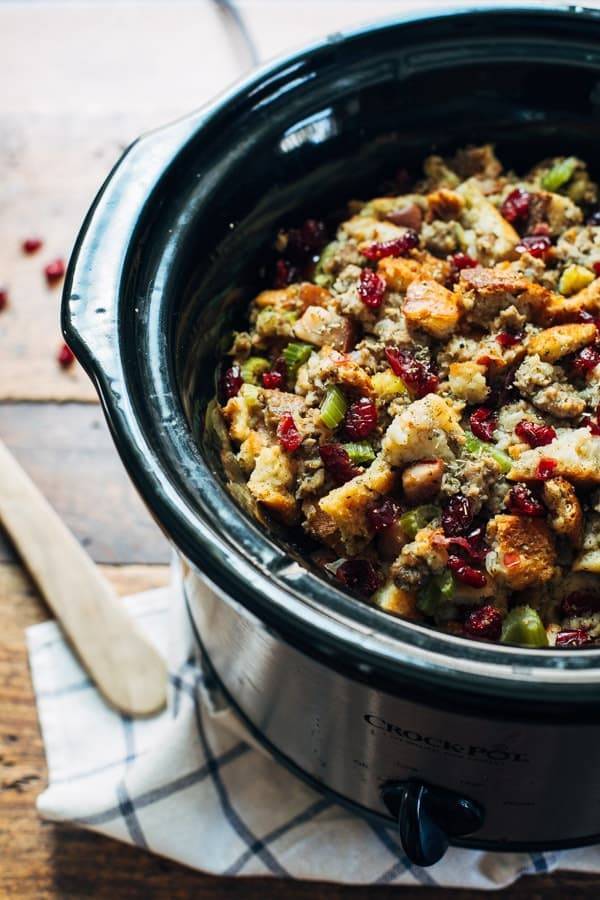 Slow Cooker Pear and Sausage Stuffing Pinch of Yum