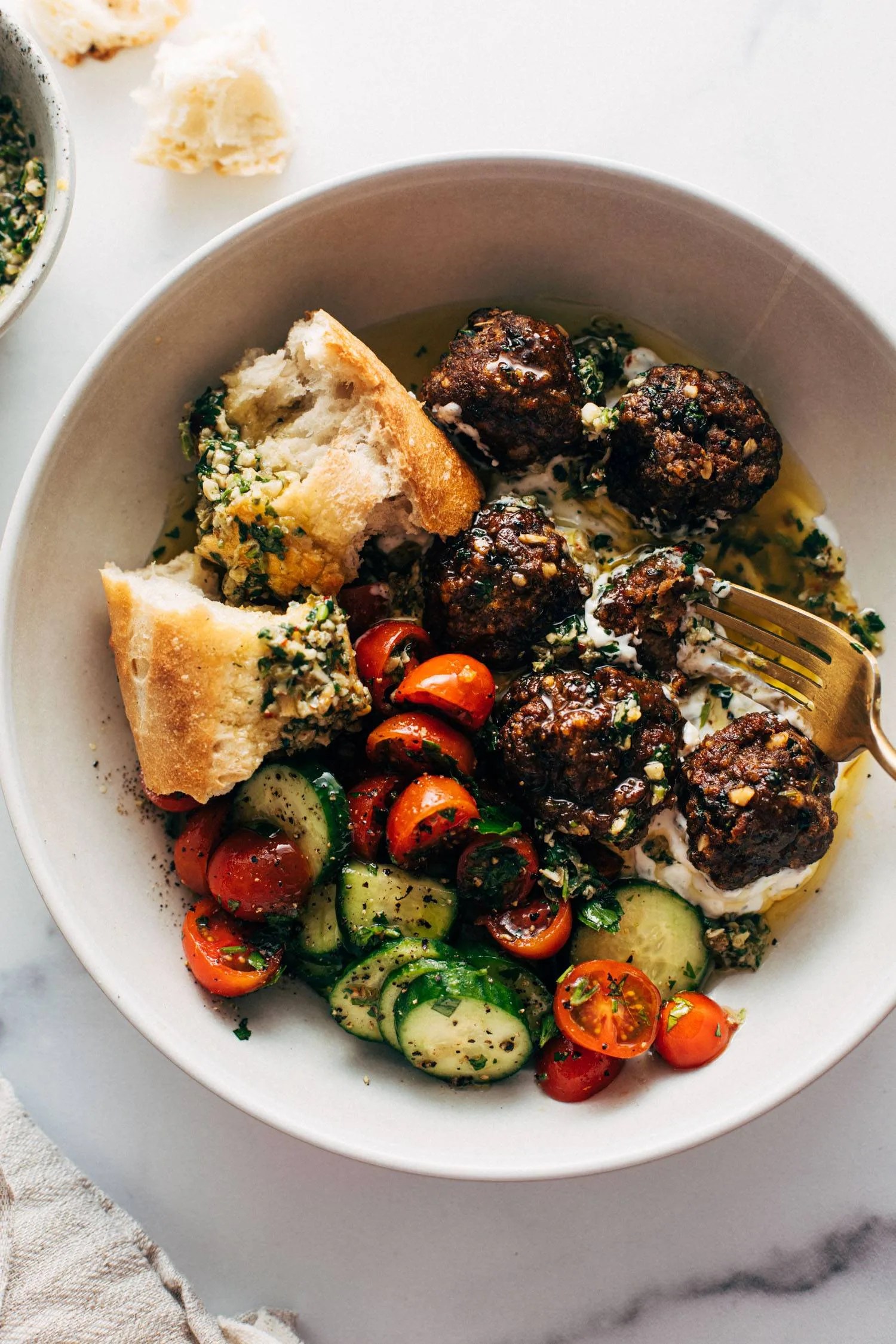 Sheet Pan Meatballs with Tomato Salad and Green Sauce Recipe Recipe