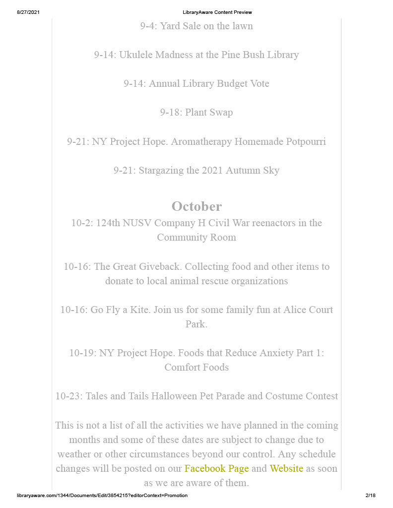 Our September Newsletter is available. Pine Bush Area Public Library