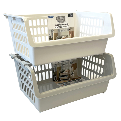 NUVALU PLASTIC SLIDING STORAGE BASKET STACKABLE GRAY & WHITE 5