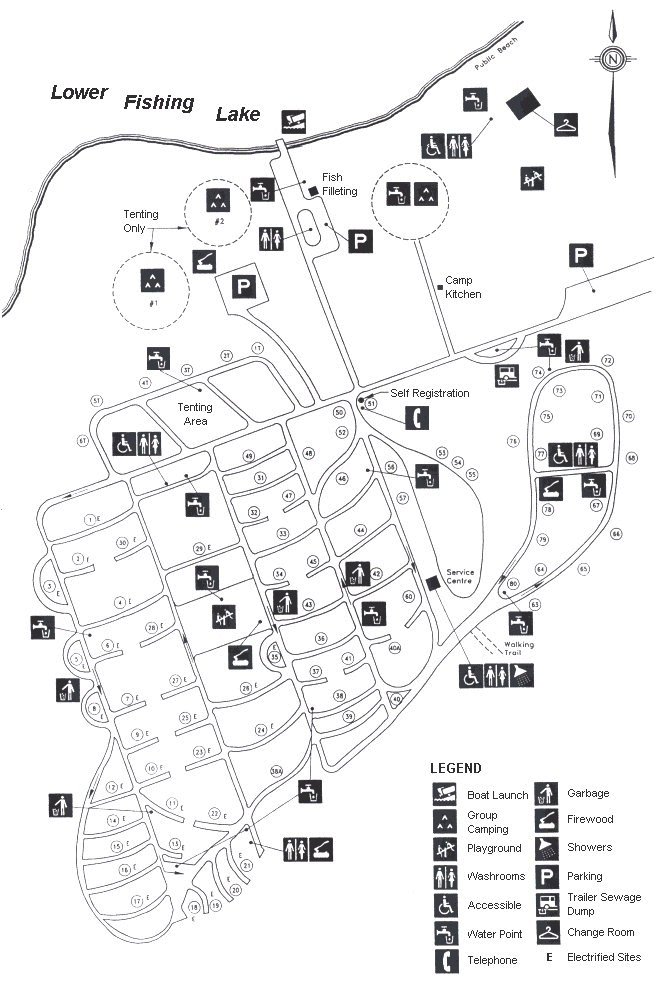 Map of the campground at Lower Fishing Lake