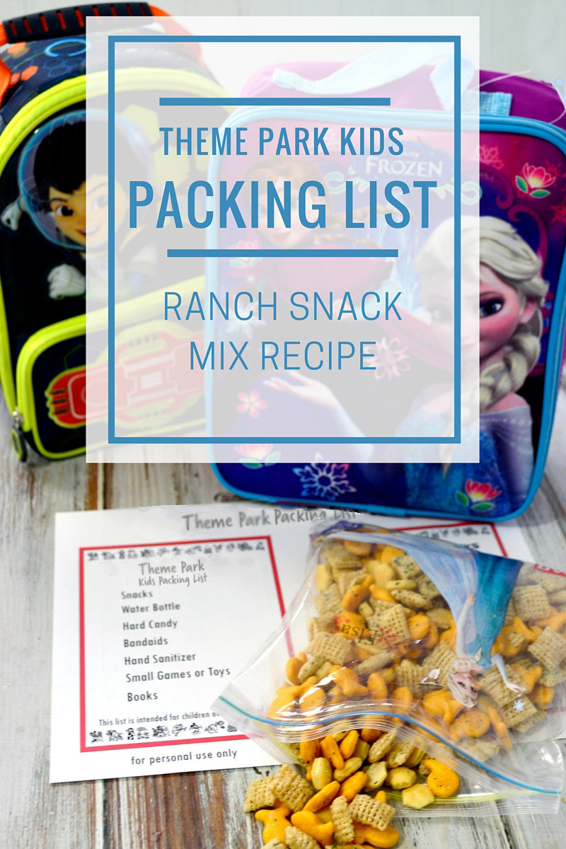 Theme Park Backpack Packing List and Ranch Snack Mix Pink Cake Plate
