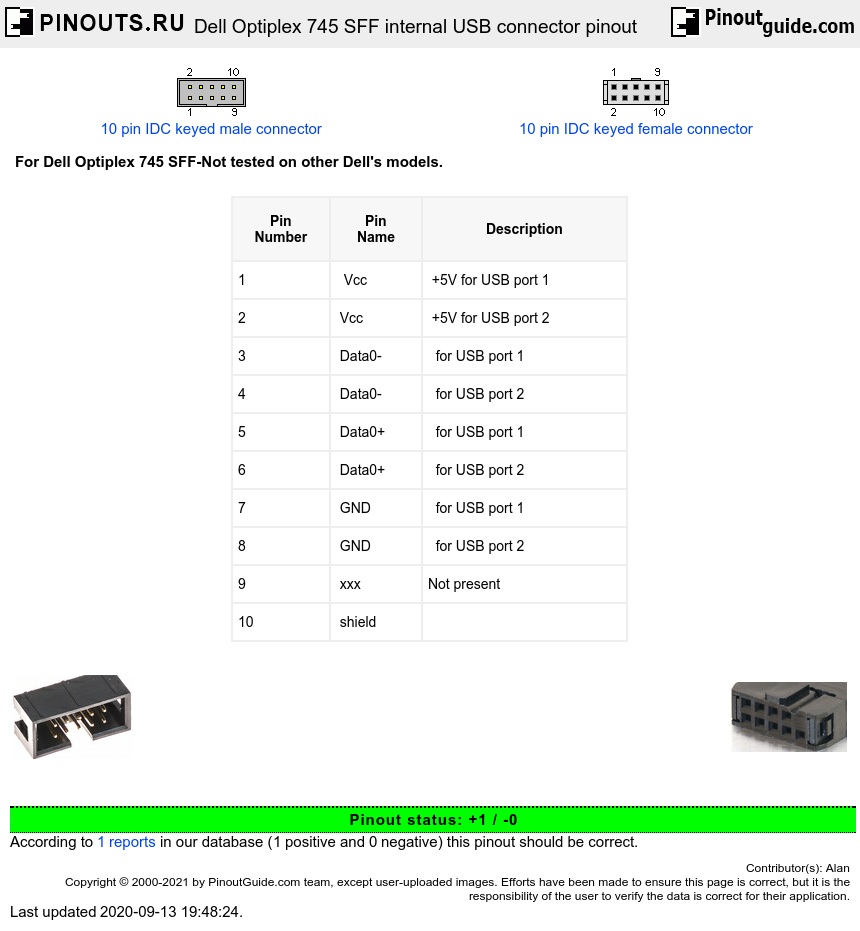 Dell Optiplex 745 SFF internal USB connector pinout signals